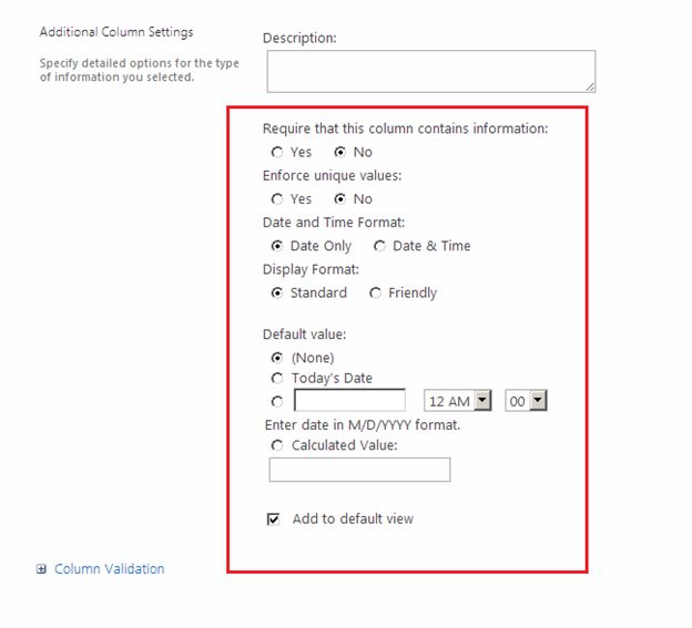 listed options to create a list column 